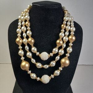Vintage Three Strand Faux Pearl Gold Colored Beads Cottagecore Grandmacore